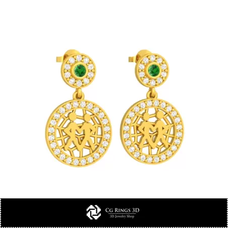 Pendientes para niños Géminis en 3D para el hogar, Joyería CAD 3D, Pendientes CAD 3D, Pendientes con diamantes 3D, Pendientes