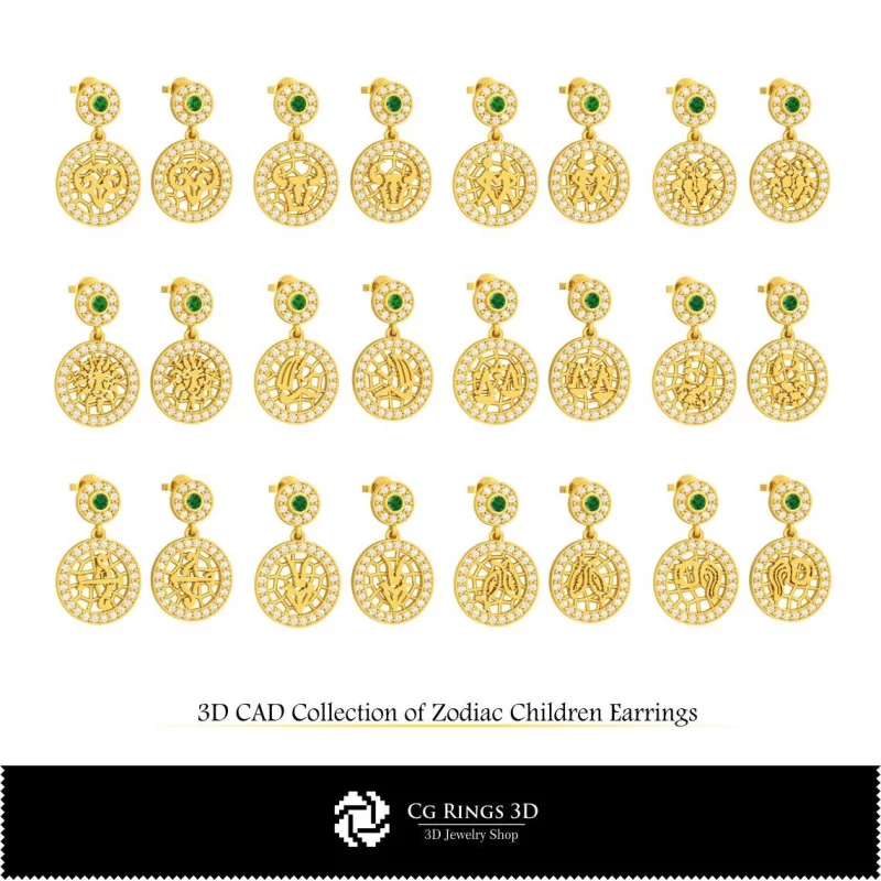 3D Collection of Zodiac Children Earrings Home, Jewelry 3D CAD, Jewelry Collections 3D CAD 