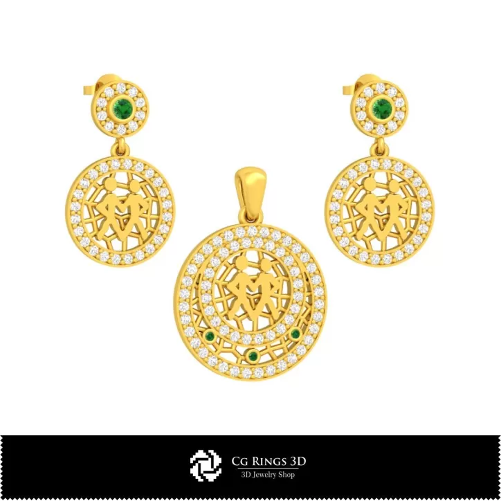 Ensemble bijoux 3D avec signe zodiaque Gémeaux Ensemble bijoux 3D avec signe zodiaque Gémeaux