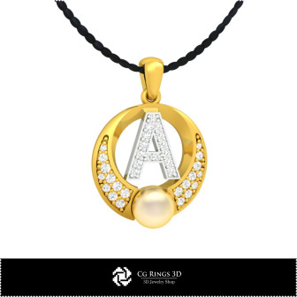 3D CAD Pearl Pendant with Letter A Home,  Jewelry 3D CAD, Pendants 3D CAD , 3D Letter Pendants, 3D Pearl Pendants