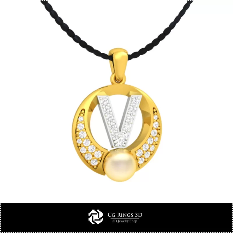 3D CAD Pearl Pendant with Letter V Home, Jewelry 3D CAD, Pendants 3D CAD , 3D Letter Pendants, 3D Pearl Pendants