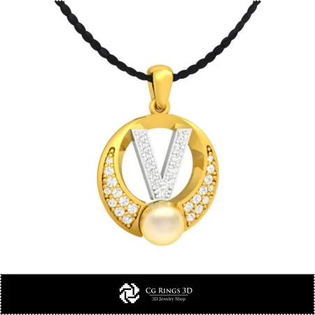 3D CAD Pearl Pendant with Letter V Home, Bijuterii 3D , Pandative 3D CAD, Pandativ cu Litere 3D , Pandativ cu Perle 3D 