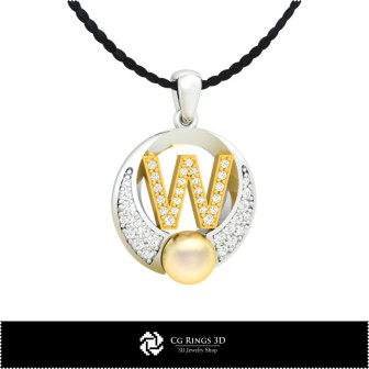 3D CAD Pearl Pendant with Letter W Home,  Jewelry 3D CAD, Pendants 3D CAD , 3D Letter Pendants, 3D Pearl Pendants