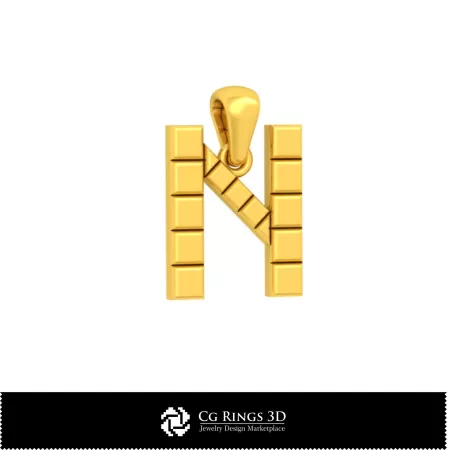 带字母 N 的 3D CAD 吊坠 家居装饰，珠宝 3D CAD，吊坠 3D CAD，3D 字母吊坠