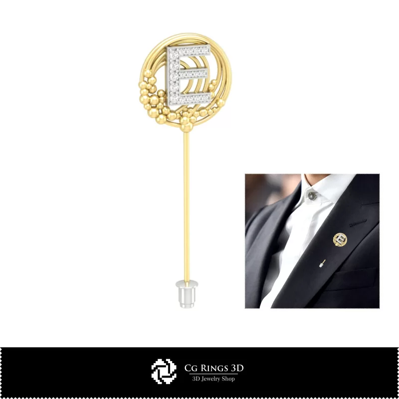 3D Brooch With Letter E Home, Jewelry 3D CAD, Brooches 3D CAD , 3D Brooch Stick Pin