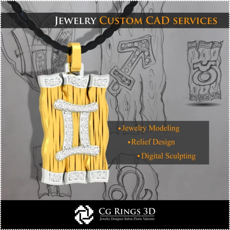 Gemini Zodiac Pendant - 3D CAD Home, Jewelry 3D CAD, Pendants 3D CAD , 3D Diamond Pendants, 3D Zodiac Pendants