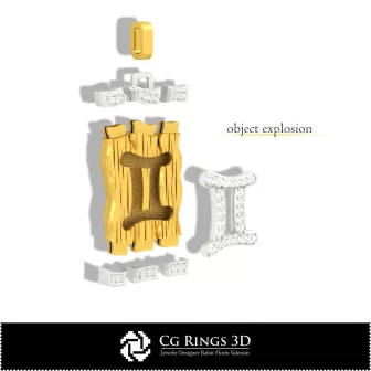 Colgante Signo Géminis - CAD 3D para Hogar, CAD 3D de Joyería, CAD 3D de Colgantes, Colgantes de Diamante 3D, Colgantes