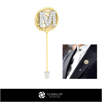 3D Brooch With Letter M Home,  Jewelry 3D CAD, Brooches 3D CAD , 3D Brooch Stick Pin