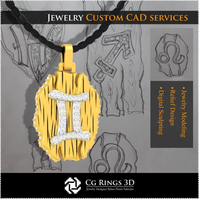 Gemini Zodiac Pendant - 3D CAD Home, Jewelry 3D CAD, Pendants 3D CAD , Vintage Jewelry 3D CAD , 3D Zodiac Pendants, 3D Retro Mo