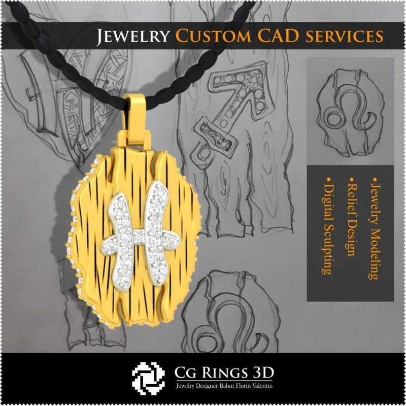 Pisces Zodiac Pendant - 3D CAD Home, Bijoux 3D CAO, Pendentifs 3D CAO, Bijoux Vintage 3D CAO, Pendentifs Diamant 3D, Pendentifs 