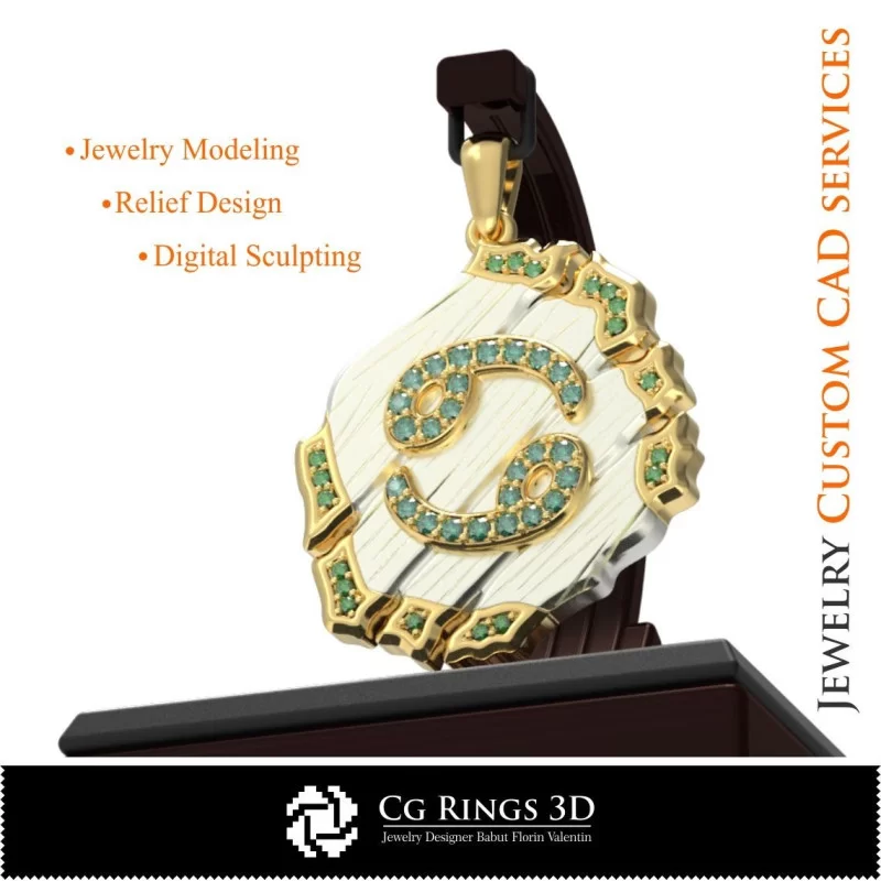 Cancer Zodiac Pendant - 3D CAD Home, Jewelry 3D CAD, Pendants 3D CAD , Vintage Jewelry 3D CAD , 3D Zodiac Pendants, 3D Retro Mo