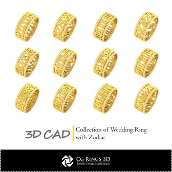 Collection d'alliances de mariage avec zodiaque - DAO 3D pour maison, DAO 3D de bijoux, DAO 3D d'anneaux, Collections de bijoux