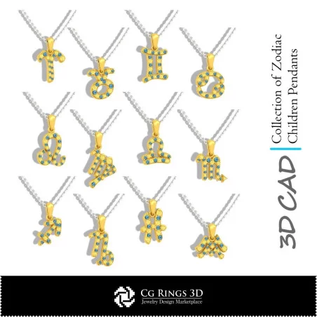 Collection de pendentifs d'enfants du zodiaque CAO 3D, CAO 3D de bijoux, CAO 3D de pendentifs, Collections de bijoux CAO 3D,