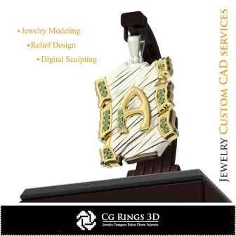 字母 A 吊坠 - 3D CAD 珠宝 3D CAD，吊坠 3D CAD，复古珠宝 3D CAD，3D 字母吊坠，3D 复古现代风格