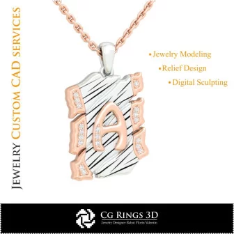 字母 A 吊坠 - 3D CAD 珠宝 3D CAD，吊坠 3D CAD，复古珠宝 3D CAD，3D 字母吊坠，3D 复古现代风格