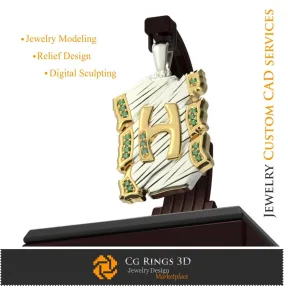 字母 H 吊坠 - 3D CAD 家居，珠宝 3D CAD，吊坠 3D CAD，复古珠宝 3D CAD，3D 字母吊坠，3D 复古风
