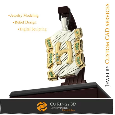 Pendentif avec lettre H - CAO 3D maison, CAO 3D bijoux, CAO 3D pendentifs, CAO 3D bijoux vintage, pendentifs lettre 3D, rétro 3D