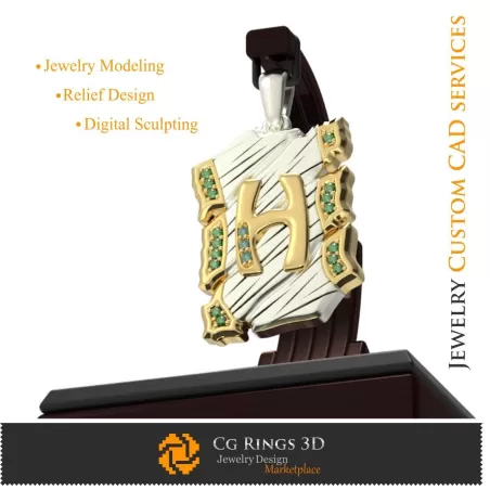 字母 H 吊坠 - 3D CAD 家居，珠宝 3D CAD，吊坠 3D CAD，复古珠宝 3D CAD，3D 字母吊坠，3D 复古风