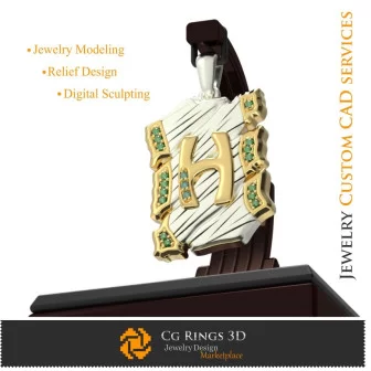字母 H 吊坠 - 3D CAD 家居，珠宝 3D CAD，吊坠 3D CAD，复古珠宝 3D CAD，3D 字母吊坠，3D 复古风