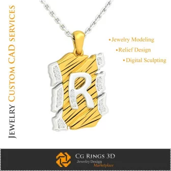 字母 R 吊坠 - 3D CAD 家居, 珠宝 3D CAD, 吊坠 3D CAD, 复古珠宝 3D CAD, 3D 字母 吊坠, 3D 复古 风格