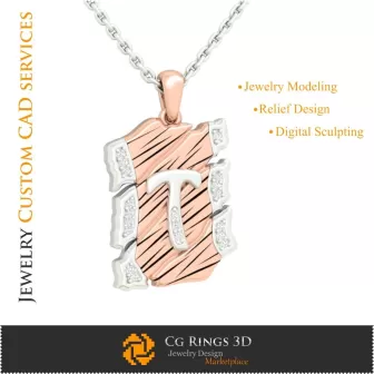 带字母T的吊坠 - 3D CAD 家居，珠宝3D CAD，吊坠3D CAD，复古珠宝3D CAD，3D字母吊坠，3D复古摩登