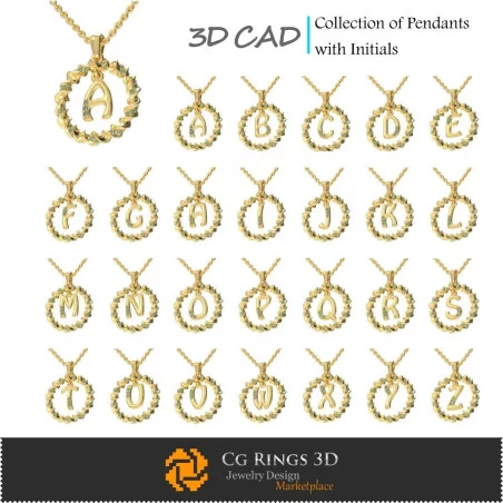 Collection of Pendants with Initials - 3D CAD Jewelry 3D CAD, Pendants 3D CAD , Jewelry Collections 3D CAD , 3D Letter Pendant