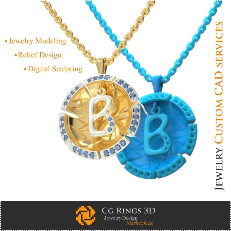 Pendant With Letter B - 3D CAD Jewelry 3D CAD, Pendants 3D CAD , Vintage Jewelry 3D CAD , 3D Letter Pendants, 3D Retro Modern J