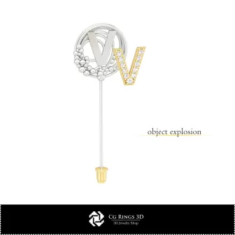 带字母 V 的 3D 胸针 家居装饰，珠宝 3D CAD，胸针 3D CAD，3D 胸针 别针