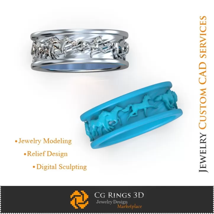 Anillo de boda con caballos - Joyería CAD 3D Anillo de boda con caballos - Joyería CAD 3D