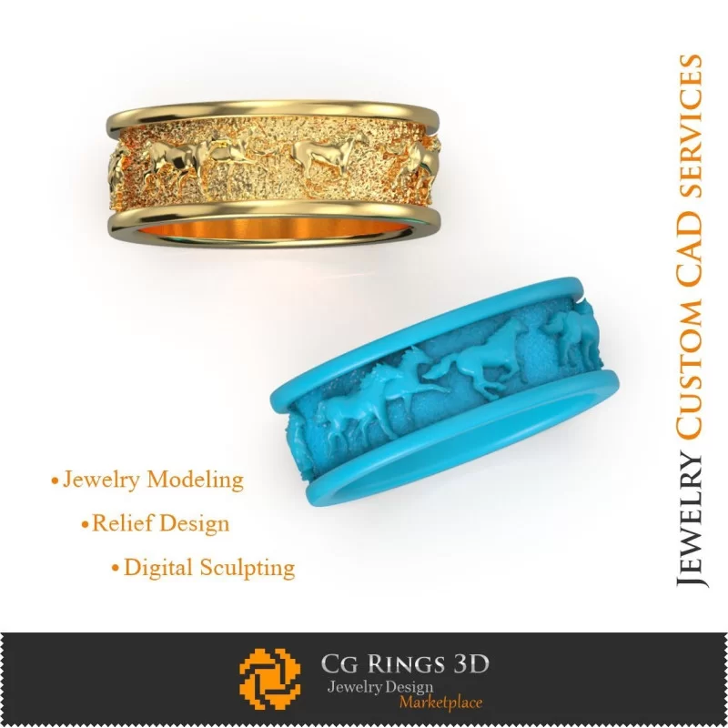 Wedding Ring with Horses - 3D CAD Jewelry 3D CAD, Rings 3D CAD , Wedding Bands 3D