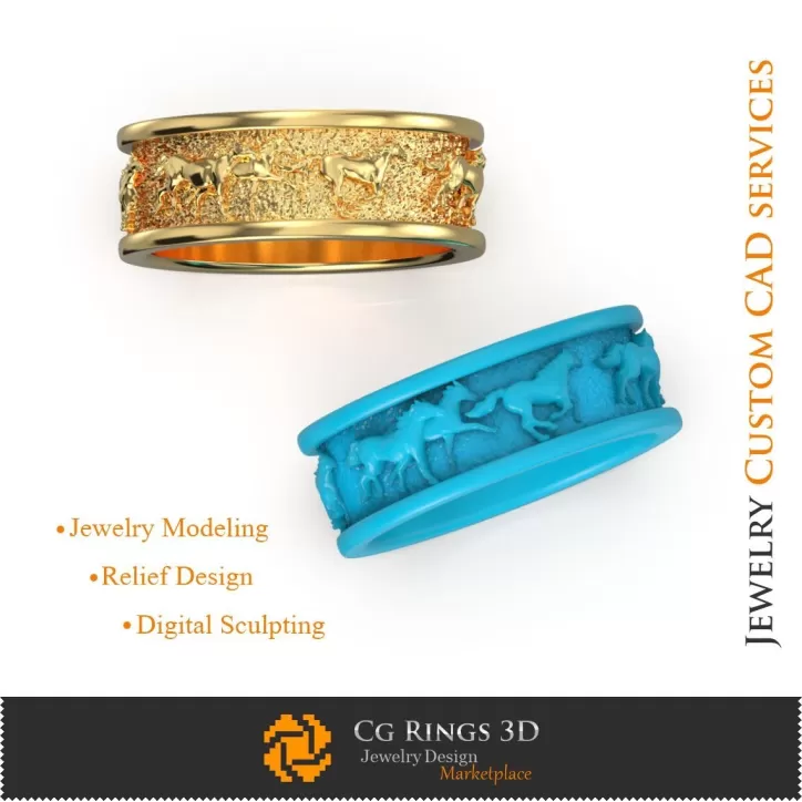 马主题婚戒 - 珠宝3D CAD