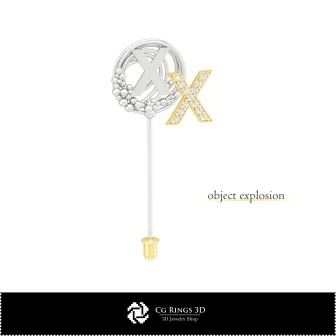 3D Brooch With Letter X Home, Jewelry 3D CAD, Brooches 3D CAD , 3D Brooch Stick Pin