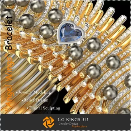 “天使之翼”独特手链 - 3D CAD 珠宝 3D CAD 珠宝, 独特 3D 珠宝, 手链 3D CAD, 3D 钻石手链, 3D