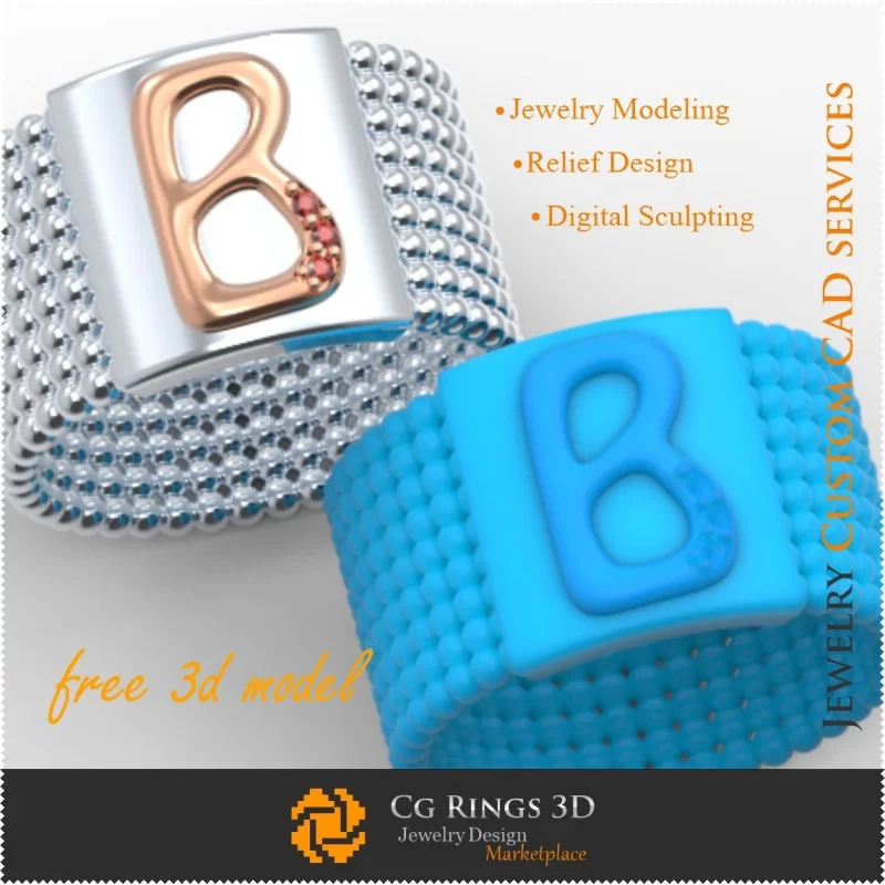 Ring With Letter B - Free 3D Jewelry Home, Jewelry 3D CAD, Free 3D Jewelry, Rings 3D CAD , Wedding Bands 3D, Eternity Bands 3D,