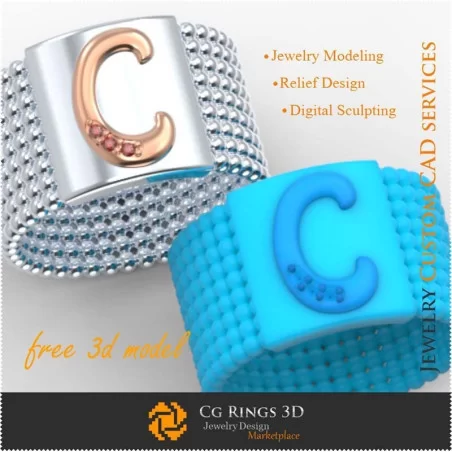 Inel cu litera C - Bijuterii 3D gratuite pentru acasă, CAD 3D pentru bijuterii, Bijuterii 3D gratuite, Inele CAD 3D, Verighete