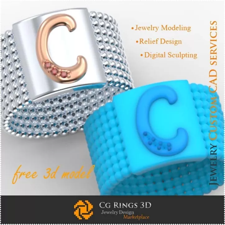 Anillo con letra C - Joyas 3D gratuitas