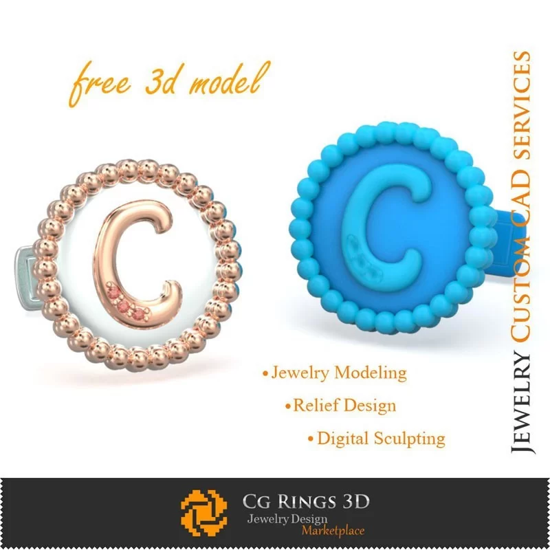 Cufflinks With Letter C - Free 3D CAD Jewelry Home, Jewelry 3D CAD, Free 3D Jewelry, Cufflinks 3D CAD , 3D Whale Back Closure C