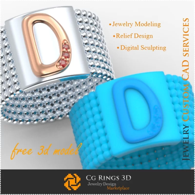 Ring With Letter D - Free 3D Jewelry Home, Jewelry 3D CAD, Free 3D Jewelry, Rings 3D CAD , Wedding Bands 3D, Eternity Bands 3D,