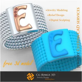 Inel cu Litera E - Bijuterii 3D Gratuite Home, Bijuterii 3D , Bijuterii Gratuite 3D, Inele 3D CAD, Verighete 3D, Inele Prieteni 