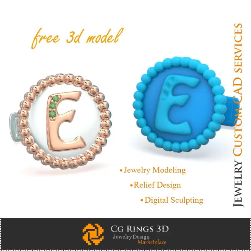 Cufflinks With Letter E - Free 3D CAD Jewelry Home, Jewelry 3D CAD, Free 3D Jewelry, Cufflinks 3D CAD , 3D Whale Back Closure C