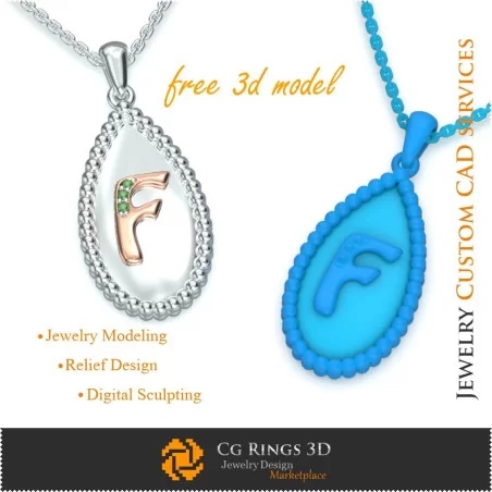 Pendant With Letter F - Free 3D CAD Jewelry Home, Jewelry 3D CAD, Free 3D Jewelry, Pendants 3D CAD , 3D Letter Pendants, 3D Bal