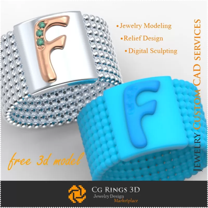 Anello con lettera F - Gioielli 3D gratuiti