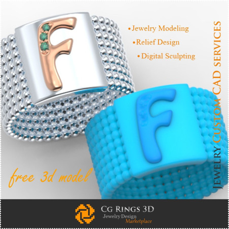 Ring With Letter F - Free 3D Jewelry Home, Bijoux 3D CAO, Bijoux 3D Gratuits, Anneaux 3D CAO, Bandes de Mariage 3D, Bandes D`ete
