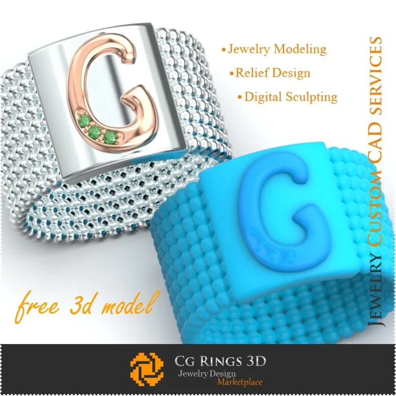 Ring With Letter G - Free 3D Jewelry Home, Jewelry 3D CAD, Free 3D Jewelry, Rings 3D CAD , Wedding Bands 3D, Eternity Bands 3D,