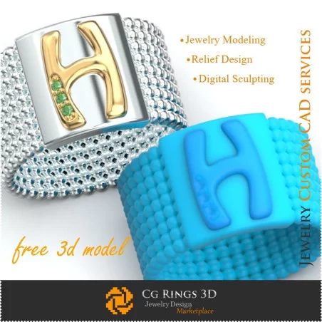 Bague avec Lettre H - Bijoux 3D Gratuits Home, Bijoux 3D CAO, Bijoux 3D Gratuits, Anneaux 3D CAO, Bandes de Mariage 3D, Bandes D