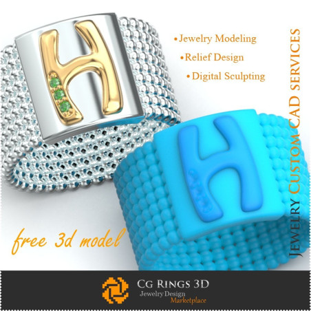 Ring With Letter H - Free 3D Jewelry Home,  Jewelry 3D CAD, Free 3D Jewelry, Rings 3D CAD , Wedding Bands 3D, Eternity Bands 3D,