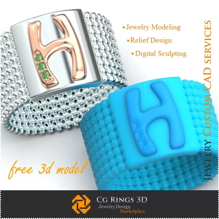 Bague avec la lettre H - Bijoux 3D gratuits