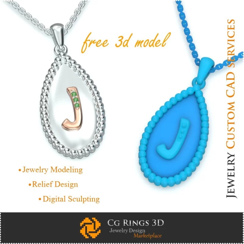 Pendant With Letter J - Free 3D CAD Jewelry Home, Jewelry 3D CAD, Free 3D Jewelry, Pendants 3D CAD , 3D Letter Pendants, 3D Bal