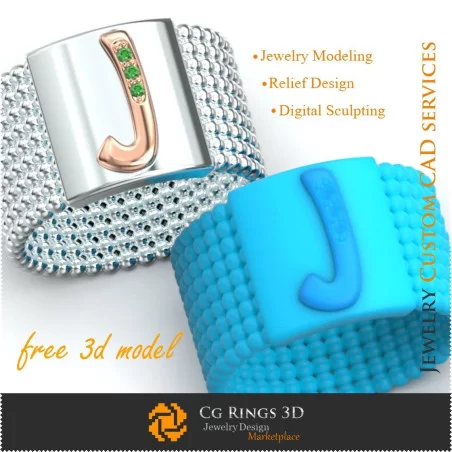 Ring With Letter J - Free 3D Jewelry Home, Jewelry 3D CAD, Free 3D Jewelry, Rings 3D CAD , Wedding Bands 3D, Eternity Bands 3D,