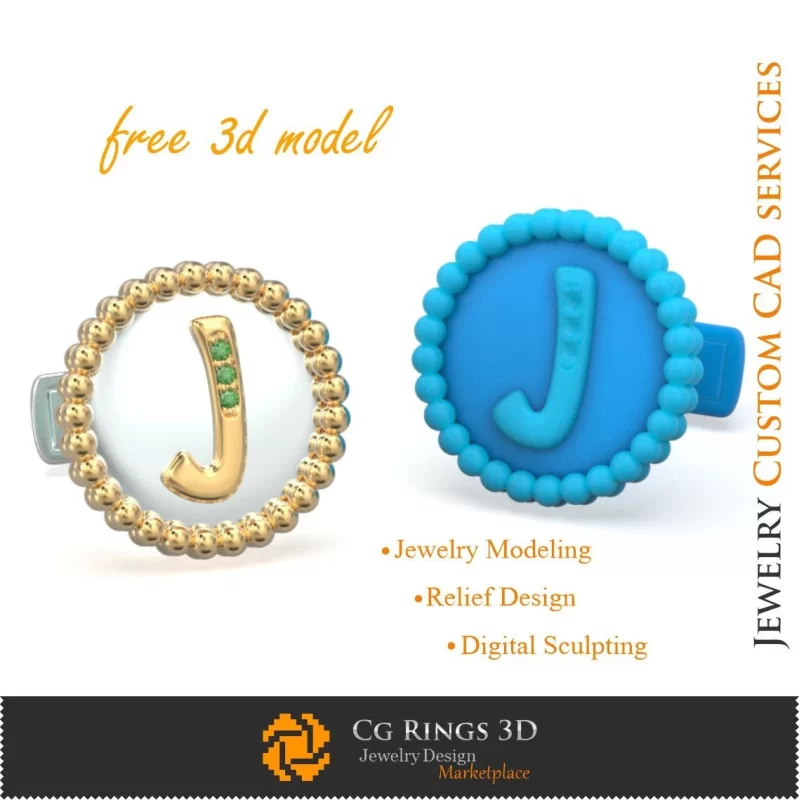 Cufflinks With Letter J - Free 3D CAD Jewelry Home, Jewelry 3D CAD, Free 3D Jewelry, Cufflinks 3D CAD , 3D Whale Back Closure C